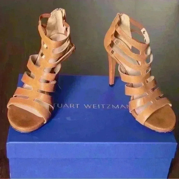 Stuart Weitzman Size 7.5 Strappy Sandel 3” Heel in Cognac - Picture 2 of 7